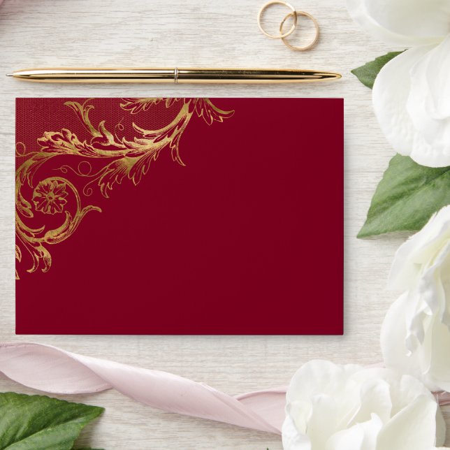 Vintage Burgundy Gold Floral Damask Wedding Envelope (Wedding)