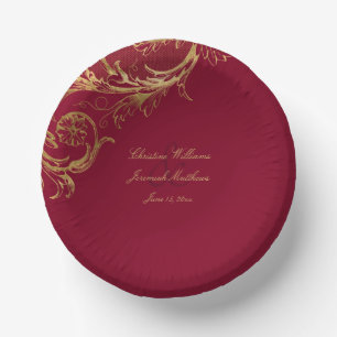 Vintage Burgundy Gold Floral Damask Wedding Paper Plate