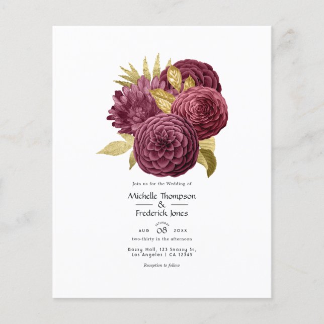 Vintage Burgundy & Gold Floral Wedding Invitation Flyer (Front)