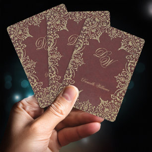 Vintage Burgundy Gold Monogram Custom Name Red Playing Cards