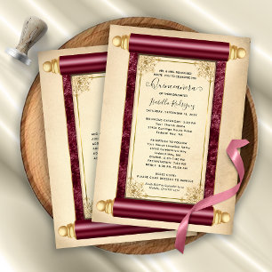Vintage Burgundy Gold Scroll Elegant Quinceañera Invitation