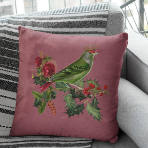 Vintage Burgundy Green Bird Victorian Cushion