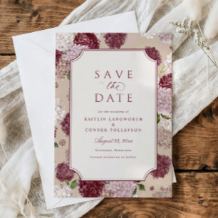 Vintage Burgundy Hydrangea Floral Garden Wedding Save The Date