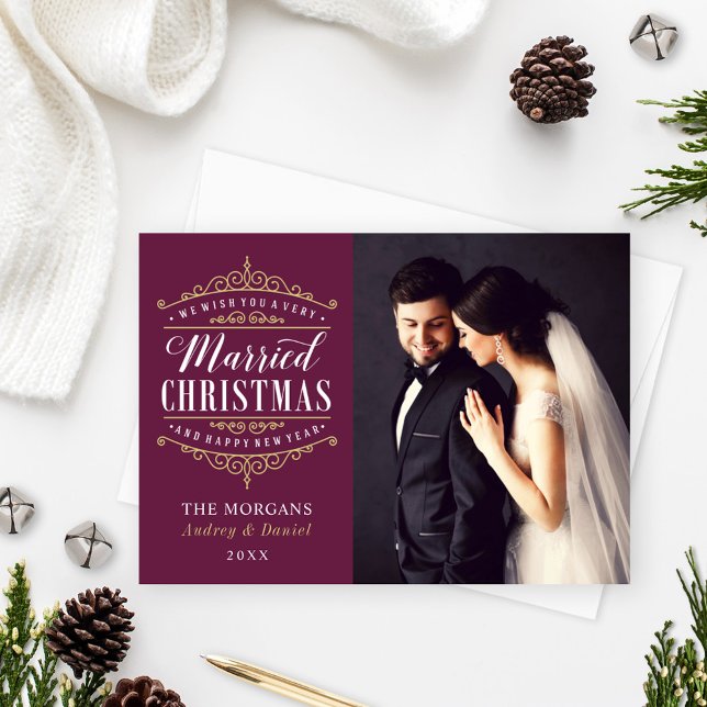 Vintage Burgundy Married Christmas Wedding Photo Holiday Card (Creator Uploaded)
