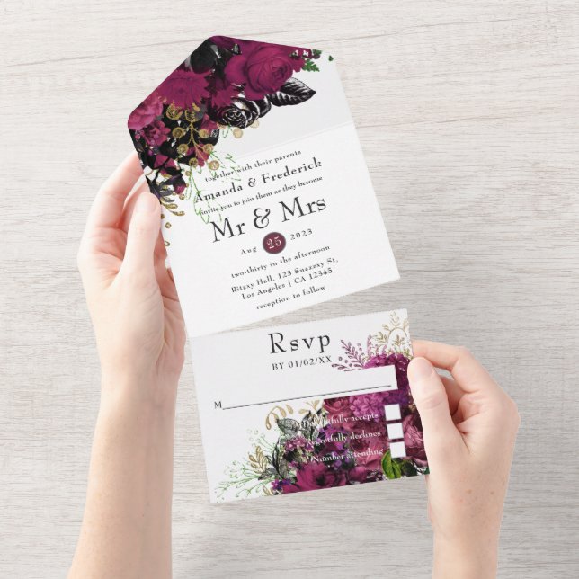 Vintage Burgundy - Marsala and Gold Wedding All In One Invitation (Tearaway)