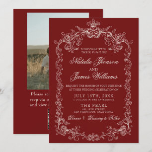 Vintage Burgundy Old Money Photo QR Code Wedding Invitation