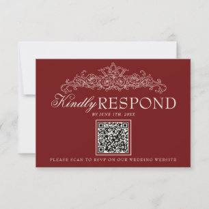 Vintage Burgundy Old Money QR Code Wedding RSVP Card