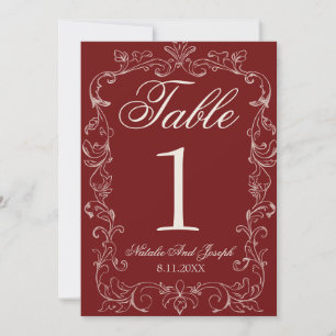 Vintage Burgundy Old Money Wedding Table Number