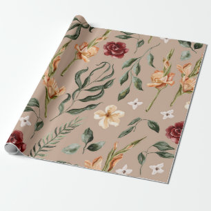 Vintage Burgundy & Peach Watercolor Floral Garden Wrapping Paper