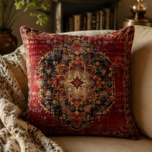 Vintage Burgundy Persian Medallion Pattern Ornate Cushion