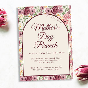 Vintage Burgundy Pink Florals Mother's Day Brunch Invitation