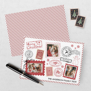 Vintage Burgundy Postage Stamp Photo Christmas Holiday Card
