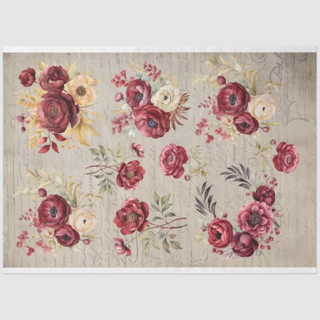 Vintage burgundy Ranunculus flowers old paper (Front)