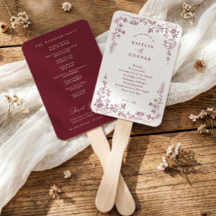 Vintage Burgundy Red French Floral Wedding Program Hand Fan