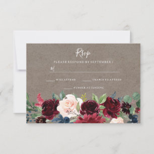 Vintage Burgundy Red Wine Floral Wedding RSVP Card