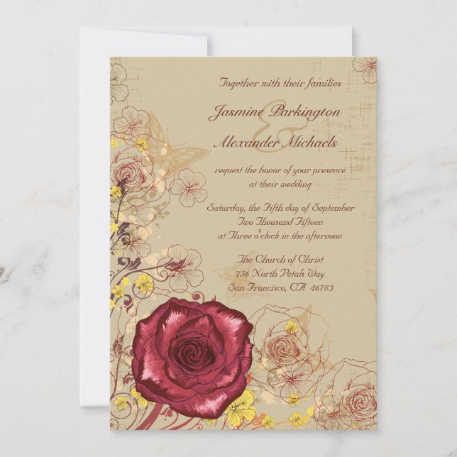 Vintage burgundy rose floral wedding invitation (Front)