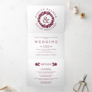Vintage burgundy rose wreath white wedding Tri-Fold invitation