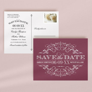 Vintage Burgundy Scrollwork Save the Date Announcement Postcard