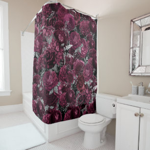 Vintage burgundy silver botanical rose collage shower curtain