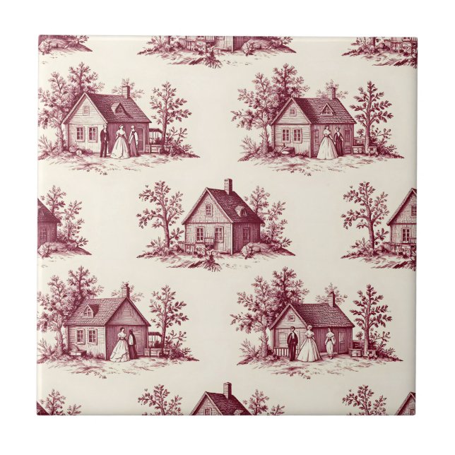 Vintage Burgundy Toile Village Pattern Ceramic Tile (Front)
