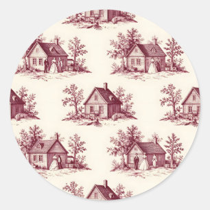 Vintage Burgundy Toile Village Pattern Classic Round Sticker