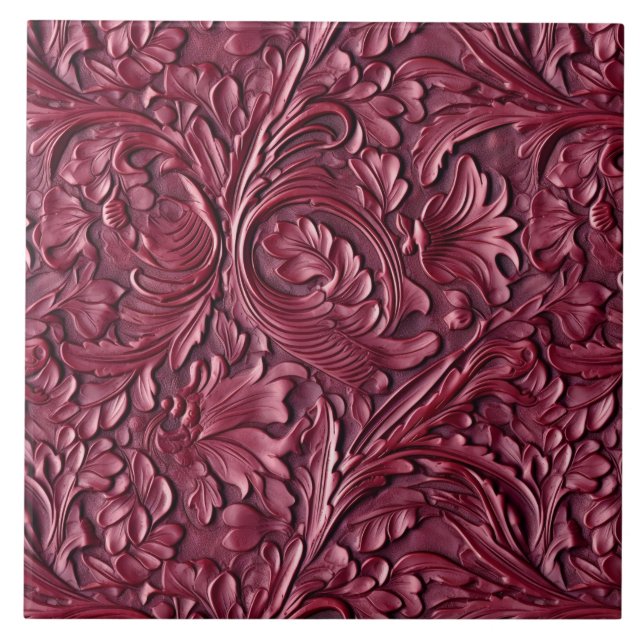 Vintage burgundy tooled leather ceramic tile (Front)
