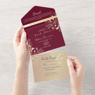 Vintage Burgundy Wedding All In One Invitation