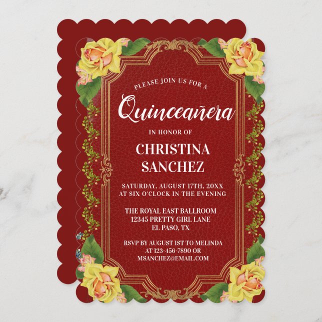 Vintage Burgundy Yellow Rose Quinceanera Birthday Invitation (Front/Back)