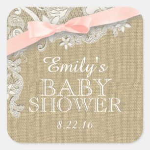 Vintage Burlap and Lace with Blush Bow Square Sticker