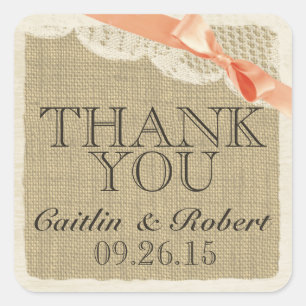 Vintage Burlap and Lace with Coral Bow Square Sticker