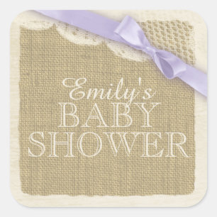 Vintage Burlap and Lace with Purple Bow Square Sticker