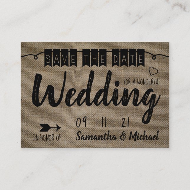 Vintage Burlap Effect, Save the Date Enclosure Card (Front)
