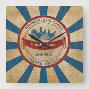 Vintage Burlap Feed Sack design Sunshine Square Wall Clock