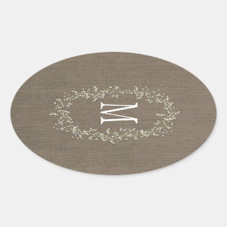 Vintage Burlap Floral Monogram Oval Sticker