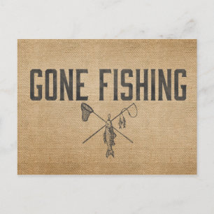 Vintage Burlap Gone Fishing Postcard
