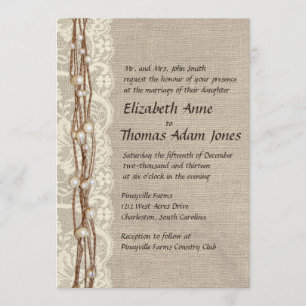 Vintage Burlap Lace Pearls Wedding Invitation