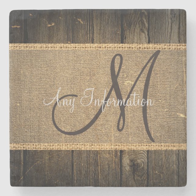 Vintage Burlap Rustic Wood Look Monogram Stone Coaster (Front)