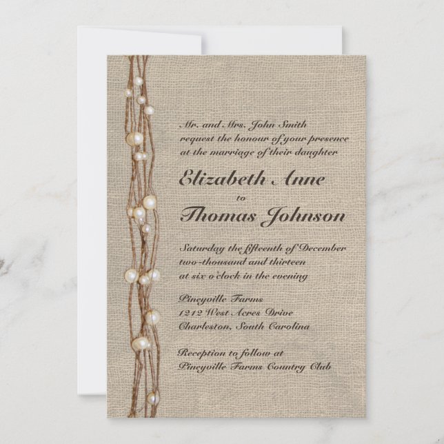 Vintage Burlap Twine Pearls Wedding Invitation (Front)