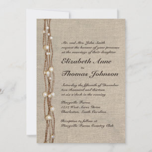 Vintage Burlap Twine Pearls Wedding Invitation