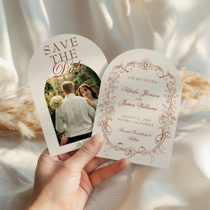 Vintage Burnt Orang Photo Old Money Arched Wedding Save The Date