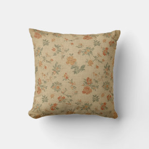 Vintage Burnt Orange and Sage Green Floral Cushion