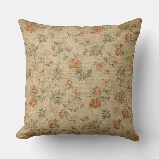 Vintage Burnt Orange Beige Sage Green Floral Cushion (Front)
