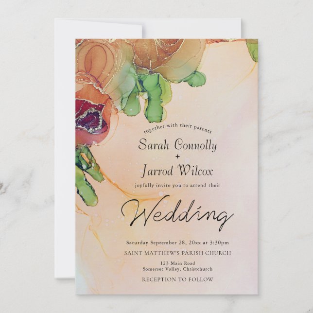 Vintage Burnt Orange Floral Wedding Invitation (Front)
