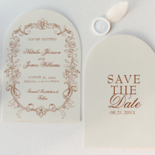 Vintage Burnt Orange Old Money Arched Chic Wedding Save The Date