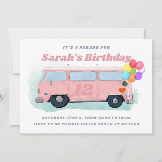 Vintage Bus Retro 70s Birthday Parade Invitation (Front)