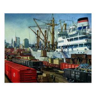 Vintage Business, Docked Cargo Ship Transportation Poster