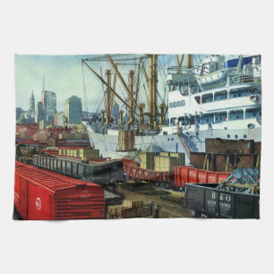 Vintage Business, Docked Cargo Ship Transportation Tea Towel