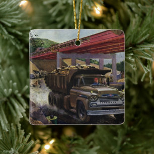 Vintage Business Dump Truck at a Construction Site Ceramic Tree Decoration