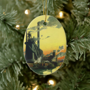 Vintage Business Factory, Manufacturing on a Dock Ceramic Ornament