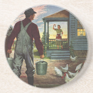 Vintage Business, Farm with Farmer and Chickens Coaster